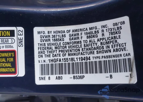 2008 Honda Civic Lx из США, поврежденный, VIN 1HGFA15518L119494